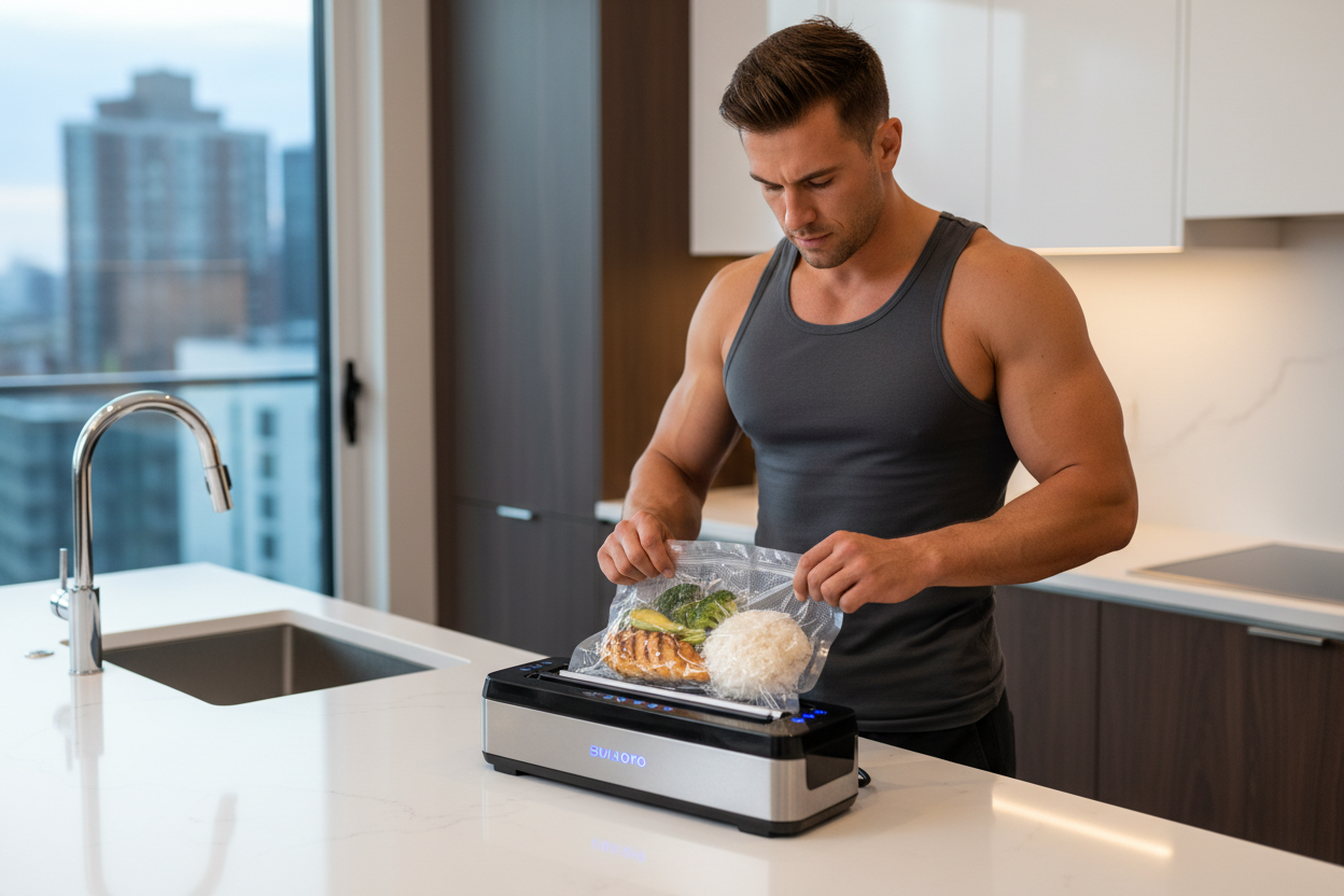 {
  "image_generation_prompt": {
    "subject": "Male fitness athlete with defined muscular physique, wearing a simple fitted t-shirt or tank top, looking focused and professional.",
    "action": "Using a sleek, modern vacuum sealer machine on a kitchen counter. Sealing a clear vacuum bag filled with meal prep food.",
    "objects": [
      "Grilled chicken breast",
      "White rice",
      "Fresh bright green broccoli florets",
      "Slices of fresh avocado"
    ],
    "setting": "Modern, high-end kitch